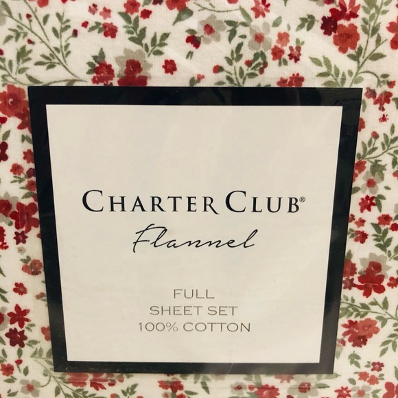 Charter Club Flannel Full Sheet Set 100% Cotton Red Floral New, 4 Pcs - Picture 2 of 8
